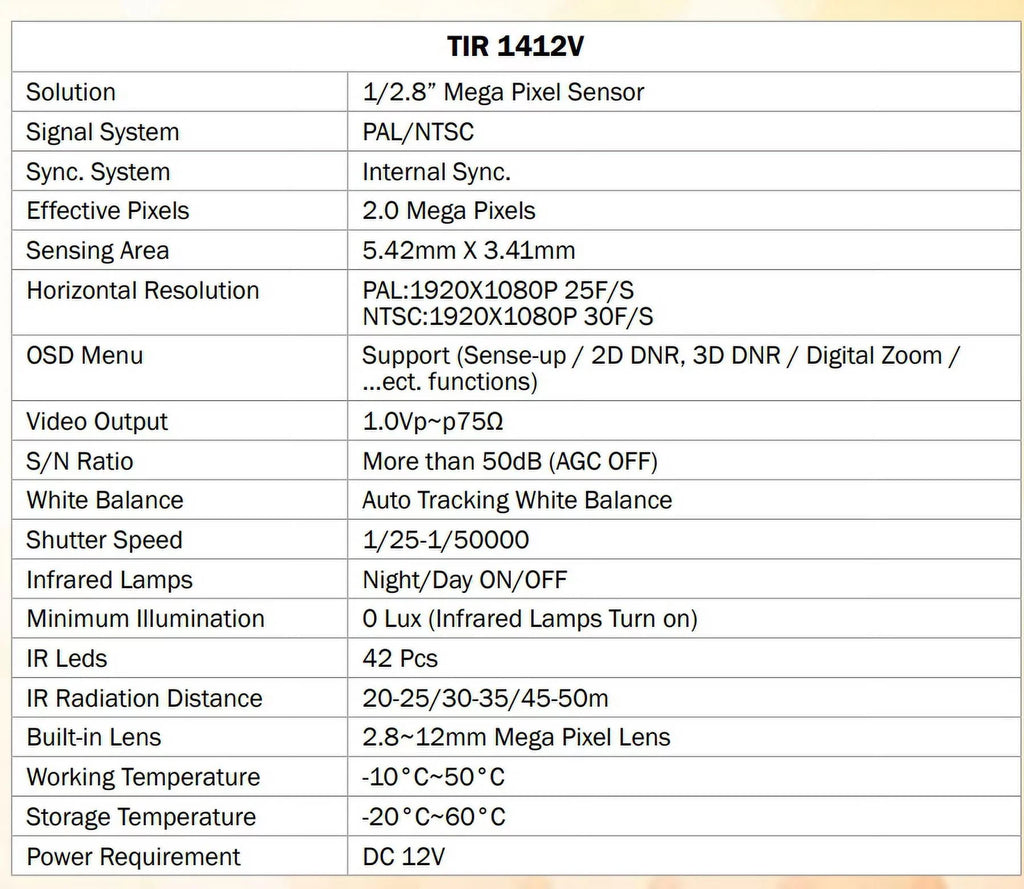 Eyemax TIR-1412V-B HD-TVI 2MP Outdoor Bullet Camera, 2.8-12mm, 42 IR LED 12V DC, Sense-up