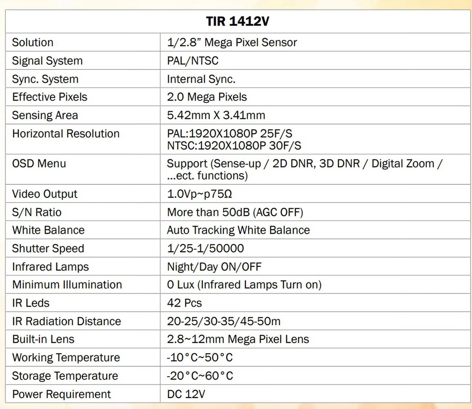 Eyemax TIR-1412V-B HD-TVI 2MP Outdoor Bullet Camera, 2.8-12mm, 42 IR LED 12V DC, Sense-up