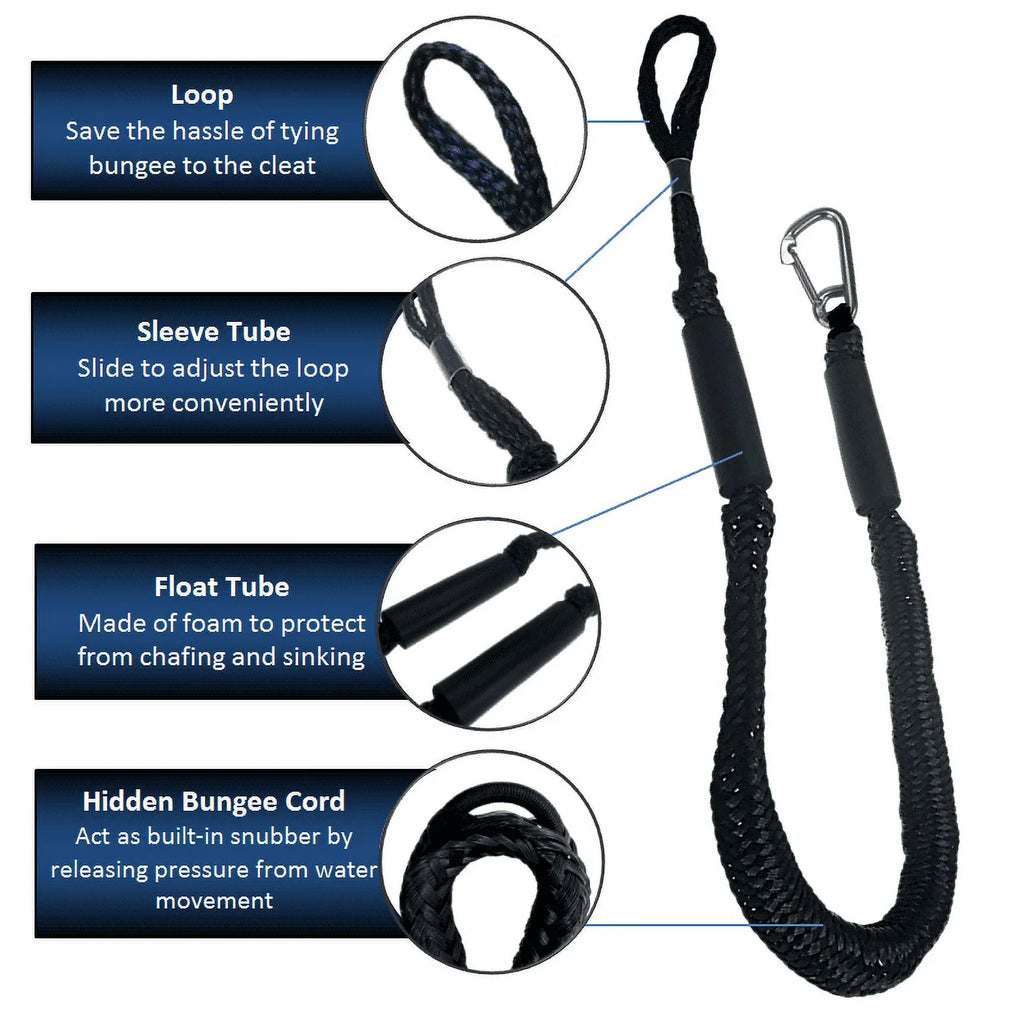 Pactrade Marine Boat Pontoon Kayak PWC Jet Ski Bungee Dock Line Mooring Rope 4'-5.5' with SS316 Snap Hook Salt and Fresh Water Use 2 Pack (Black & White)