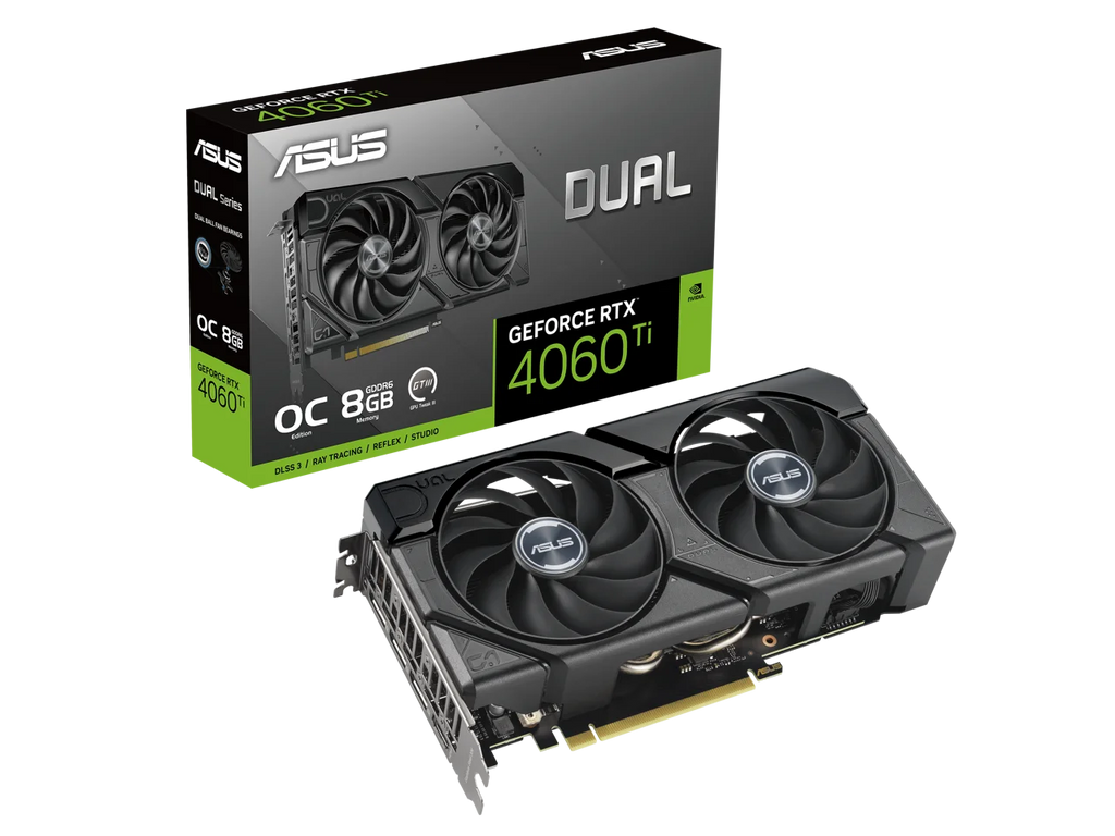 ASUS Dual GeForce RTX? 4060 Ti EVO OC Edition 8GB GDDR6 (PCIe 4.0, 8GB GDDR6, DLSS 3, HDMI 2.1a, DisplayPort 1.4a, Axial-tech fan design, 0dB technology, Protective Backplate, Auto-Extreme Technology)