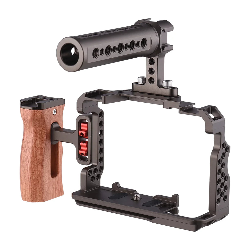 Andoer Aluminum Alloy Camera Cage Kit with Video Rig Handle Wooden Grip Replacement for Sony A7R III/ A7 II/ A7III