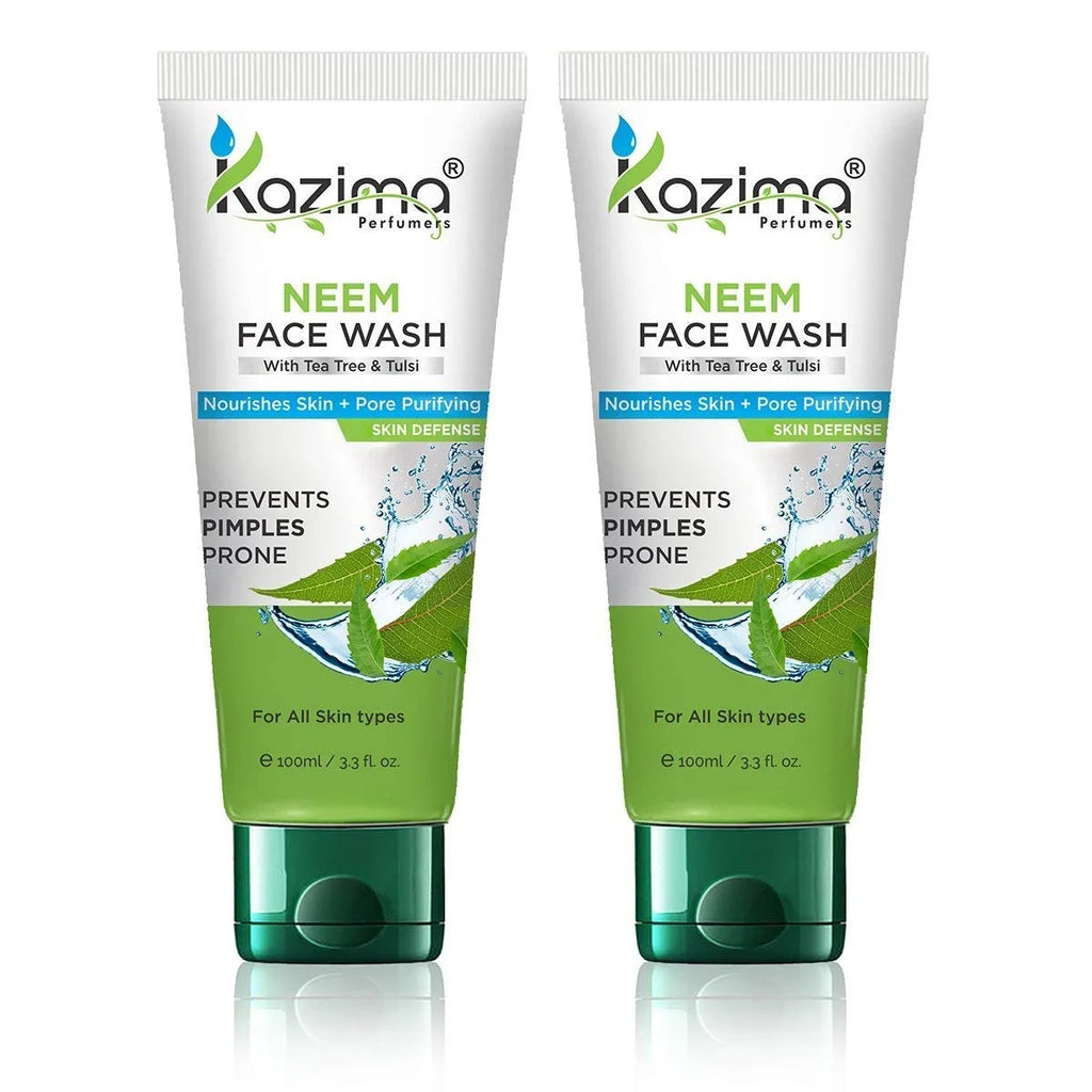 KAZIMA Neem Face Wash (Pack OF 2 Each 100ml) With Tulsi & Tea Tree For Anti Pollution, Remove Anti Acne Pimples Scars, Nourishes Skin + Pore Purifying Skin Defense