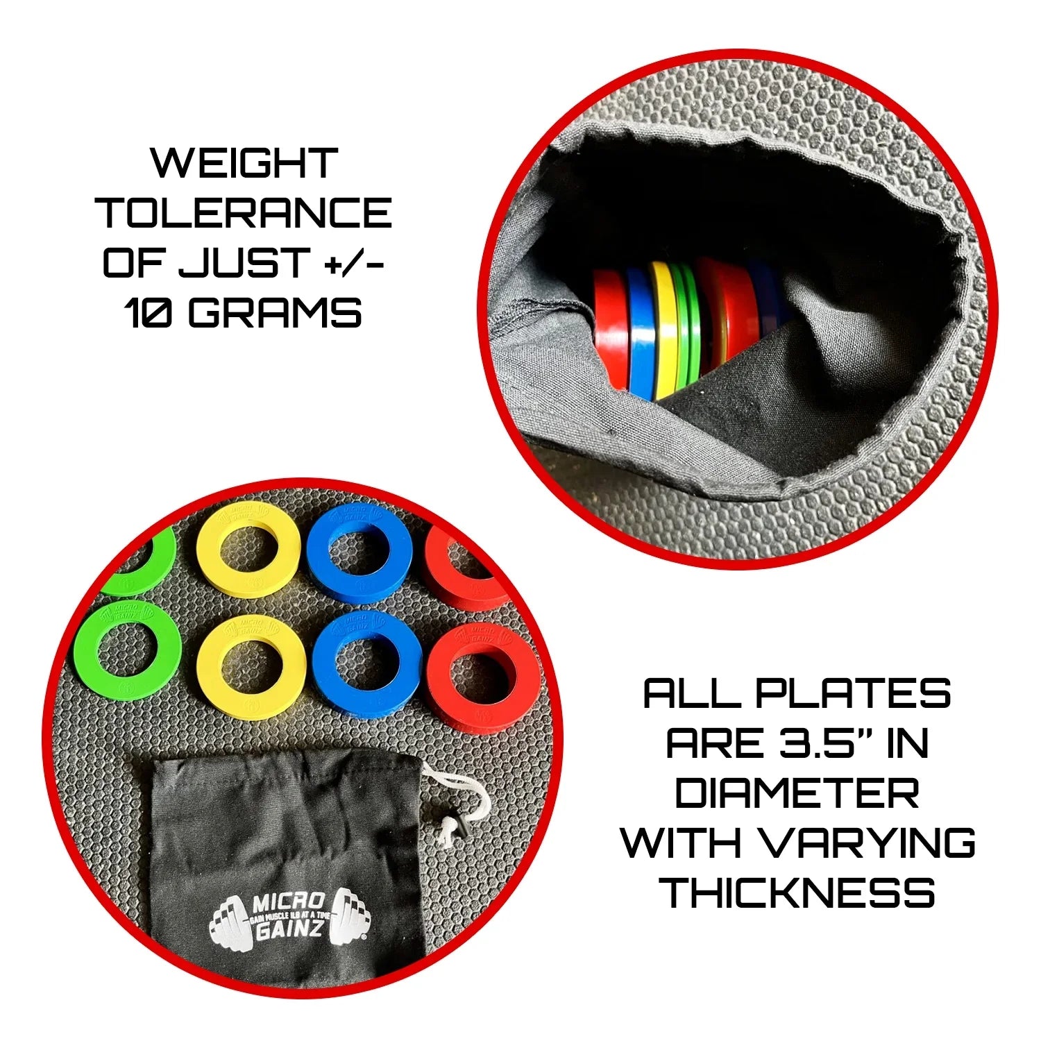 Micro Gainz Multi-Color Calibrated Fractional Weight Plate Set of .25LB-.50LB-.75LB-1LB Plates (8 Plate Set) w/ Bag- For Olympic Barbells, Made in USA