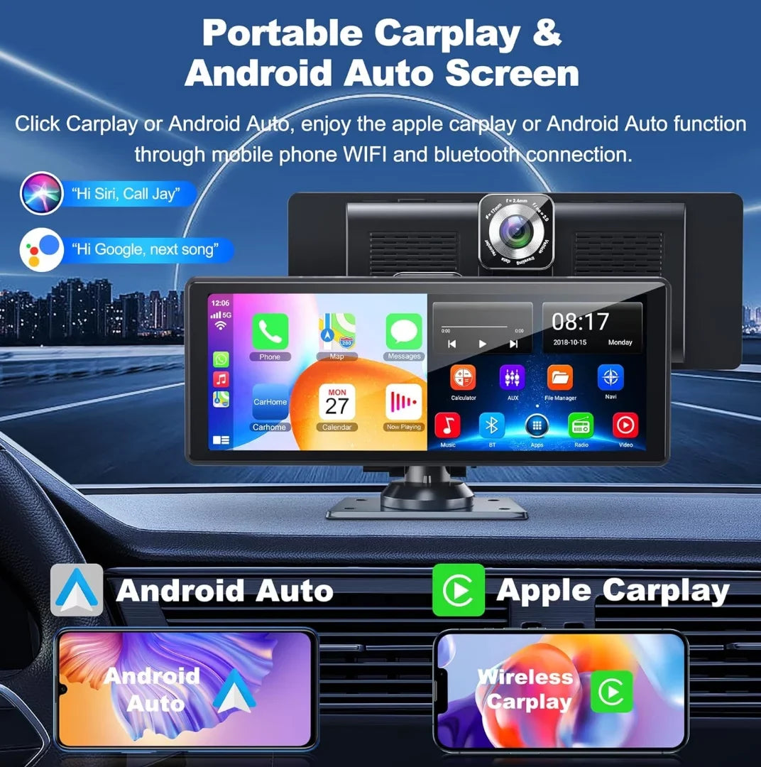 Portable Wireless Carplay& Android Auto Car Screen,10.26 Inch IPS Touchscreen with 4K Dashcam and HD Back-up Camera Support Bluetooth/Siri/Google/GPS/Mirror-Link