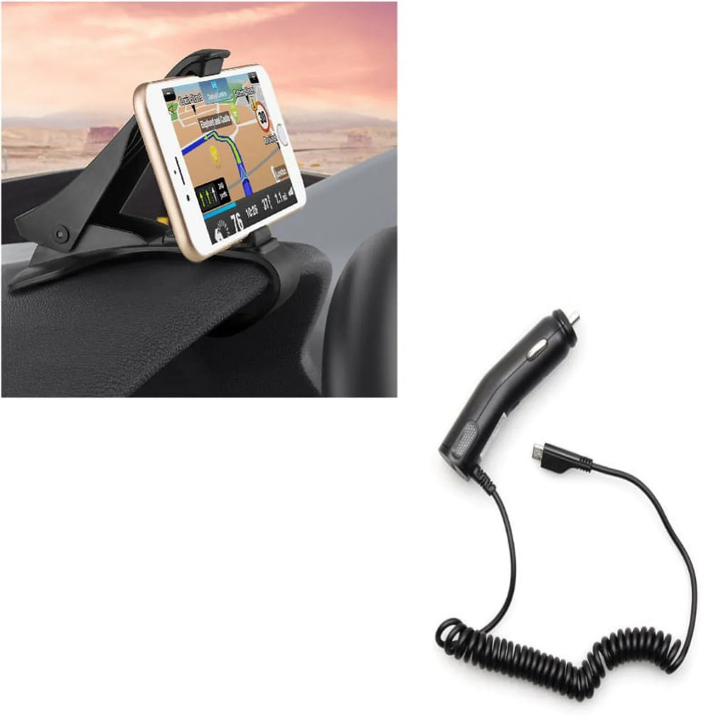 Non-Slip Dash Car Mount w Coiled Micro-USB Charger for Samsung Galaxy Grand Prime Express Prime, J7 Perx, S7 Edge S6 Edge+ Edge Active S5 Active, Note 5 4 3 Mega 2, J5 J3 Emerge, Halo Amp 2