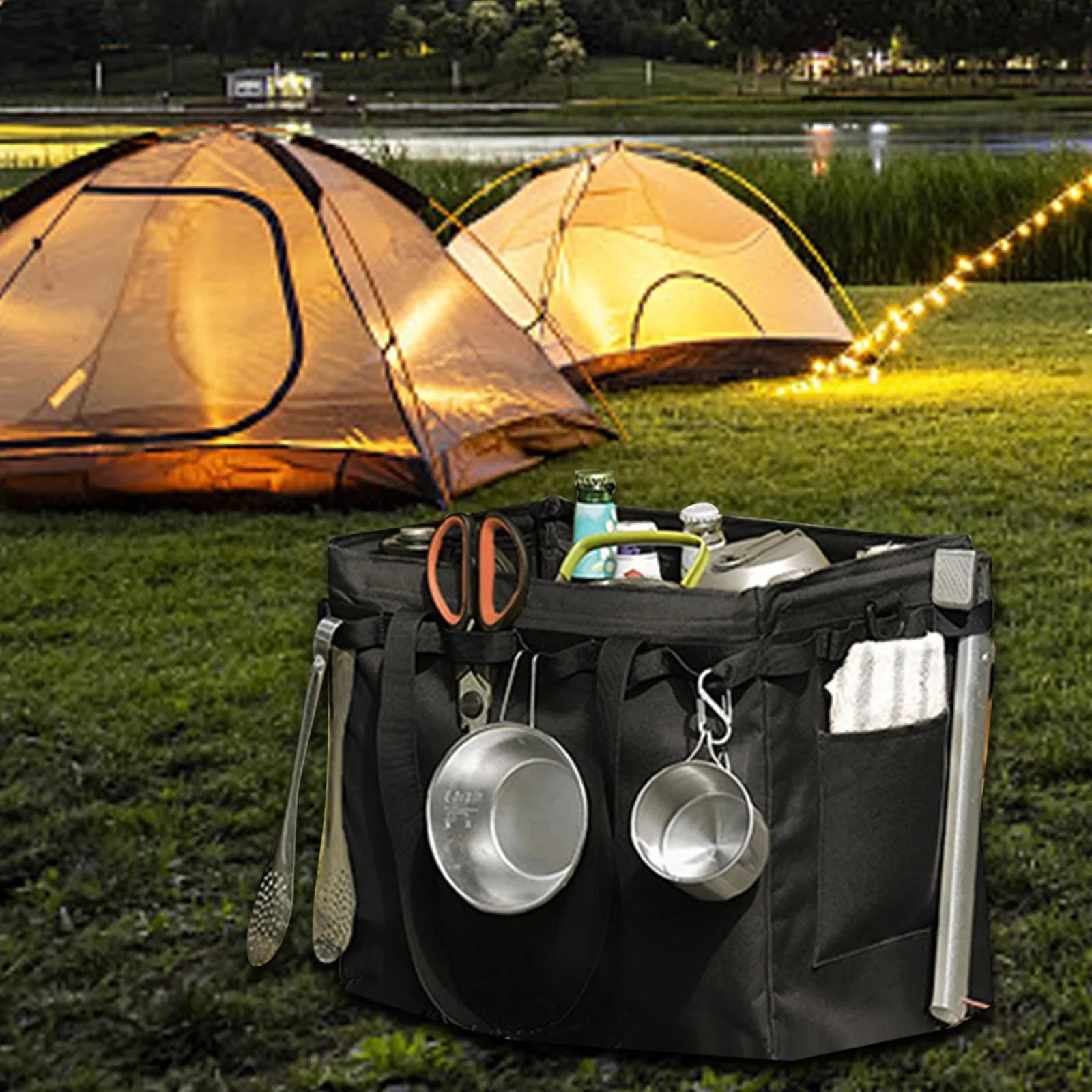 Outdoor Picnic Storage Bag Handbag Foldable Travel Garage Trunk Organizer Black 36.5x24.5x32.5cm for Camper, Travel, RV Multifunctional