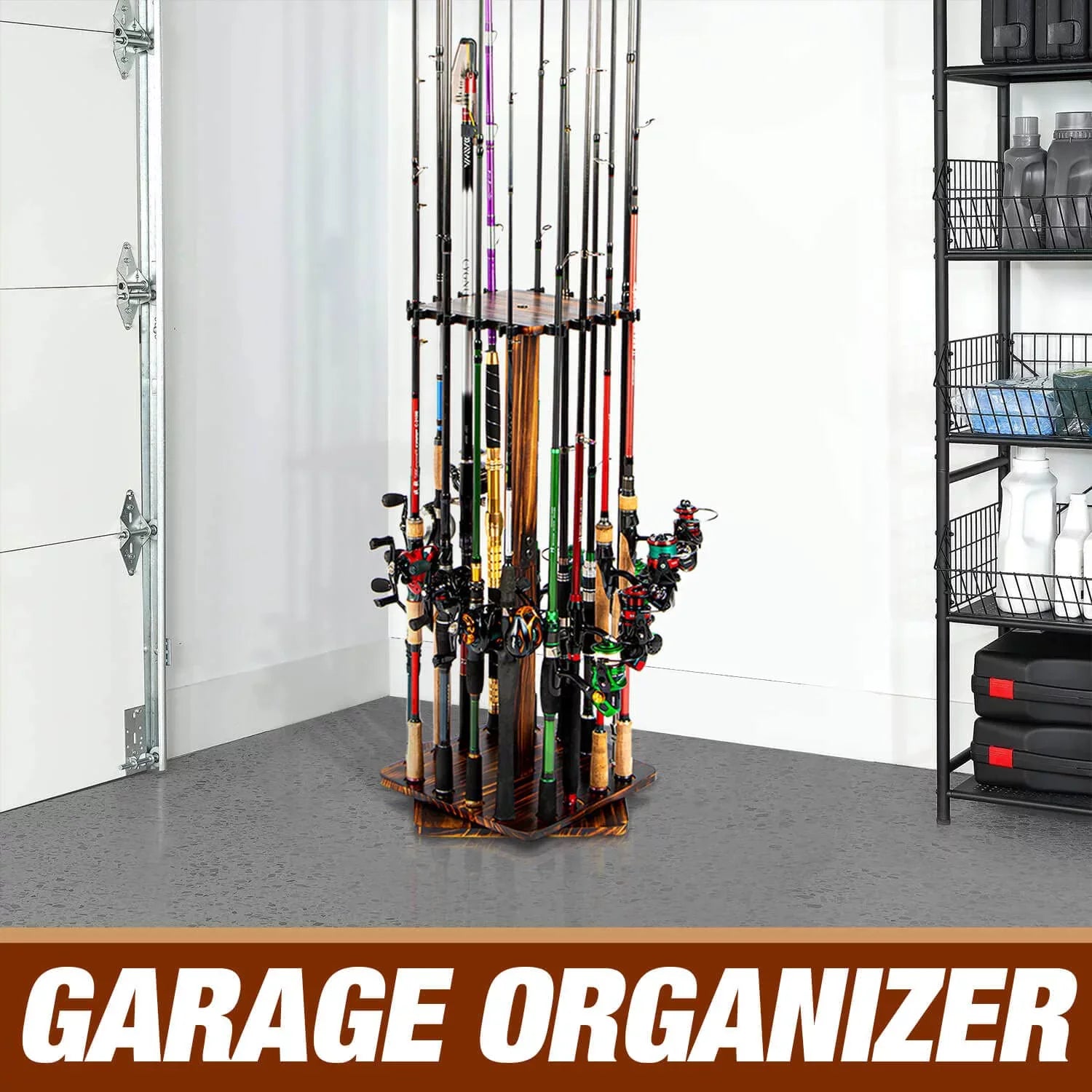 Ghosthorn Fishing Rod Pole Holders for Garage 360 Degree Rotating , Holds up to 16 Rods  Wood  Fishing Gifts for Men
