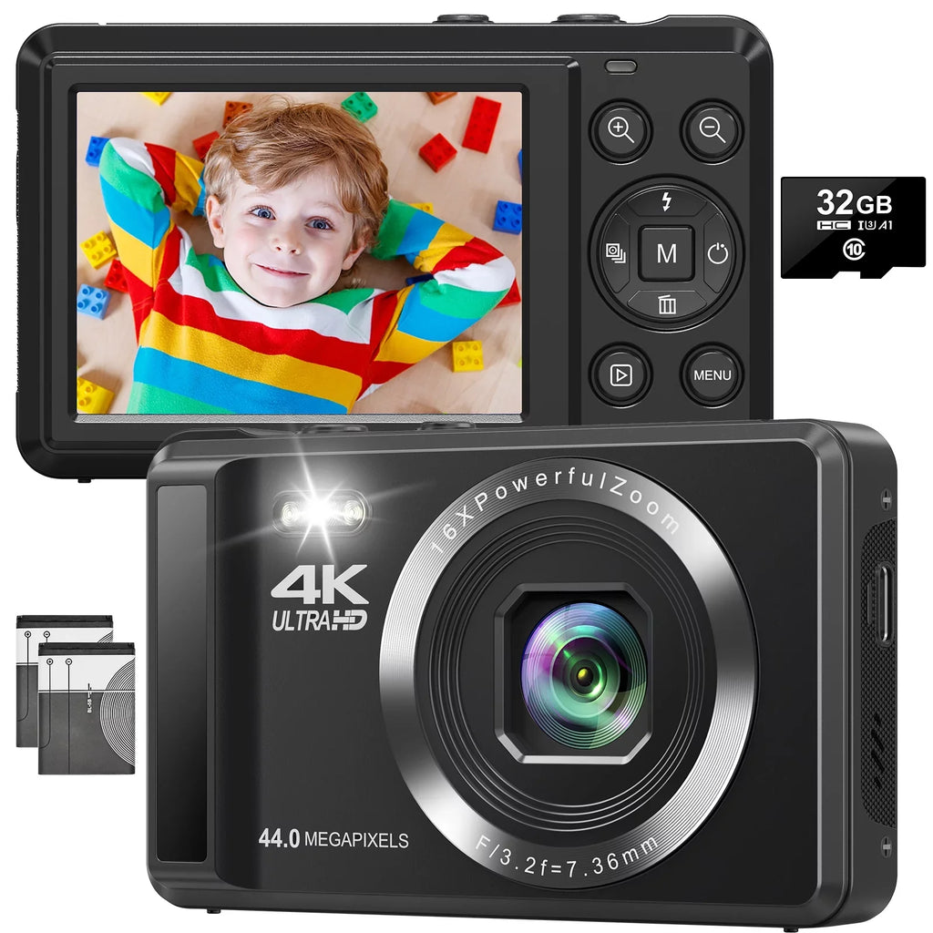 SEREE Digital Camera 4K Compact Camera with 44MP 16X Digital Zoom, 2.4'' Autofocus Portable Point and Shoot Digital Cameras with 32GB SD Card and 2 Batteries