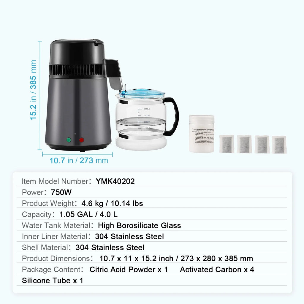 SKYSHALO 4L Water Distiller Purifier Machine Countertop Stainless Steel Interior