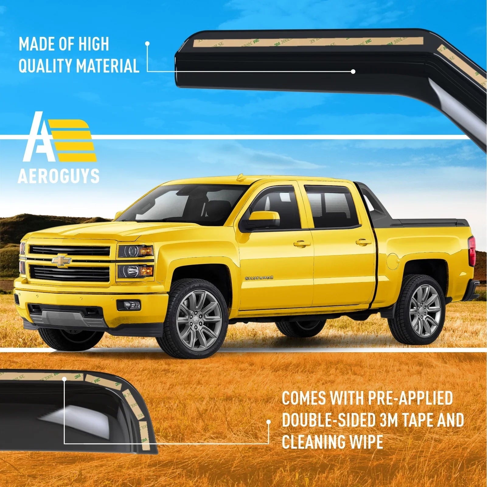 AEROGUYS In-Channel Window Deflectors Extra Durable Window Visors Rain Guards Fit for Chevrolet (Chevy) Silverado 1500 2014-2018 Crew Cab, Sun Visors, Wind Vent Visors, Truck Accessories -4pcs. AG0421