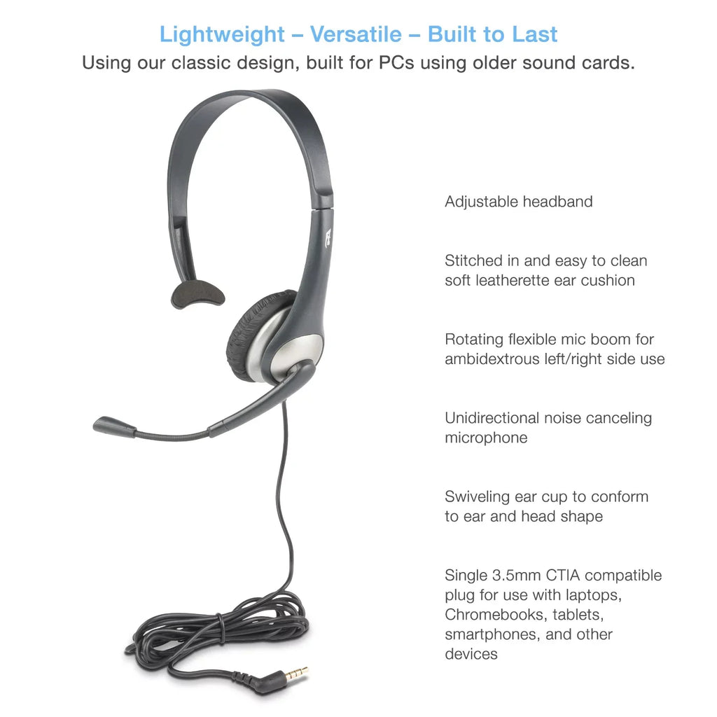 Cyber Acoustics Gray Mono Headset w/ Y-Adapter & Microphone (AC-104) -