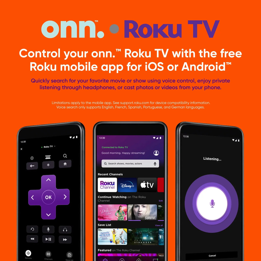 onn. 70” QLED 4K UHD (2160p) Roku Smart TV with Dolby Atmos, Dolby Vision, Local Dimming, 120hz Effective Refresh Rate, and HDR (100071708)