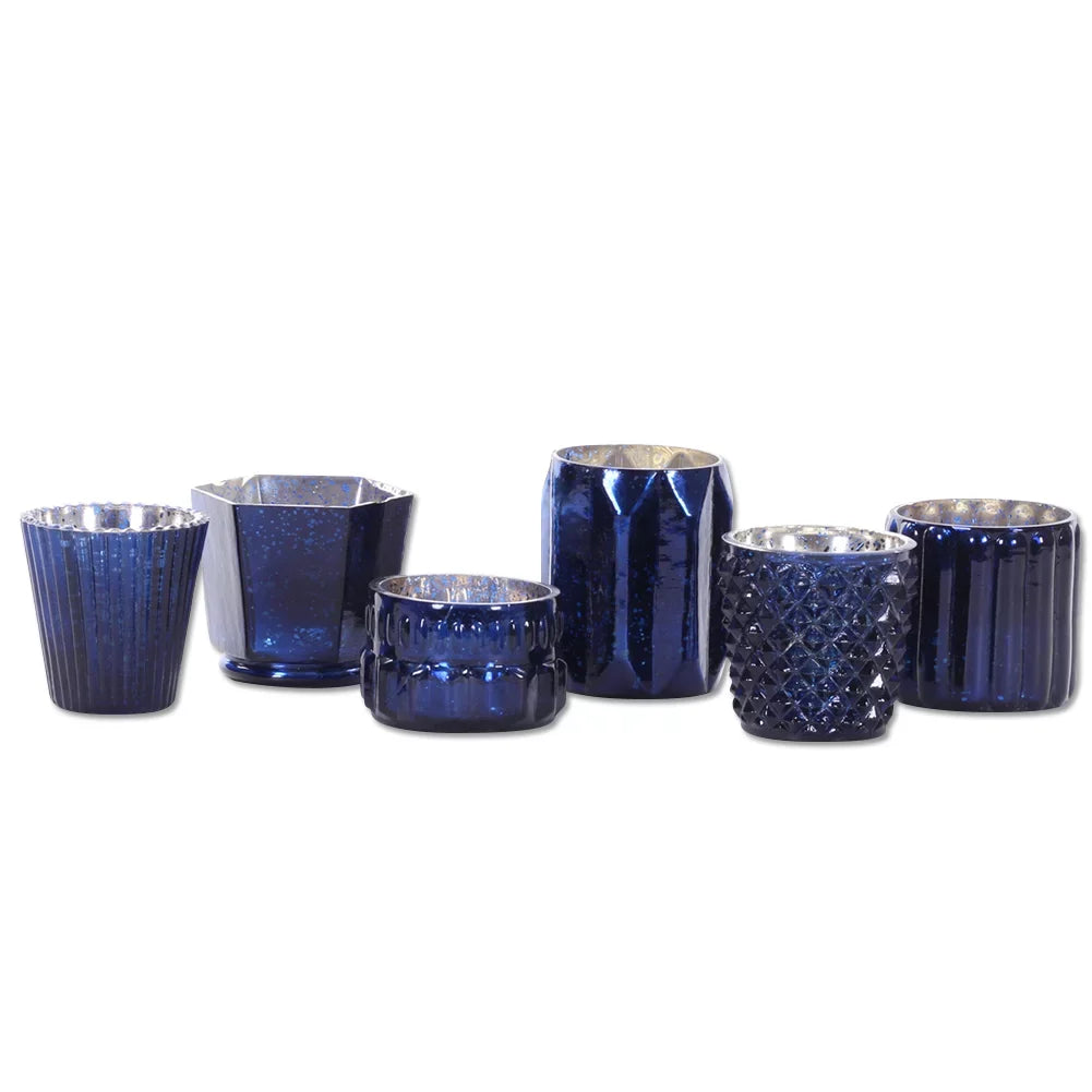 Koyal Wholesale Navy Blue Mixed Mercury Glass Candle Holders, 6−Pack, Mismatched Candle Holders for Candle Votives