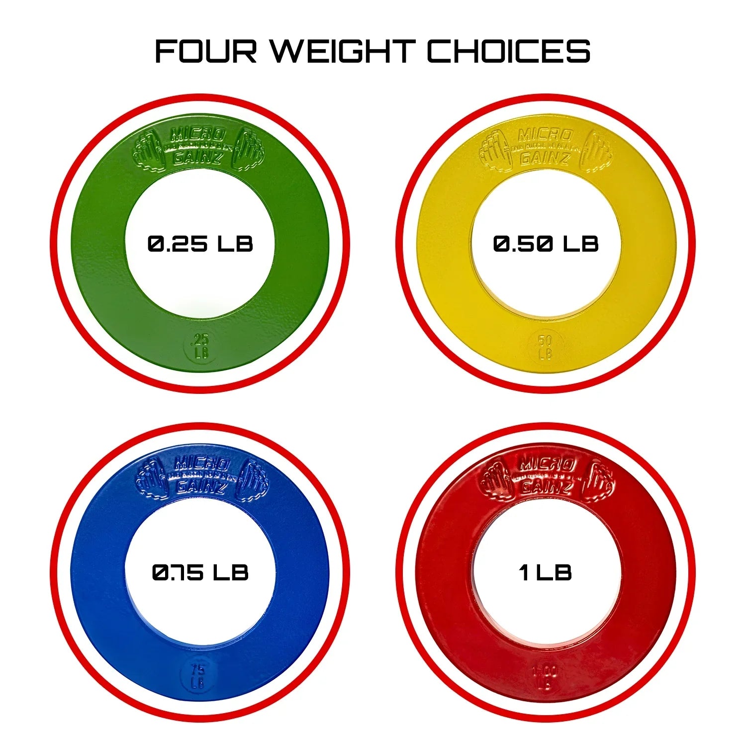 Micro Gainz Multi-Color Calibrated Fractional Weight Plate Set of .25LB-.50LB-.75LB-1LB Plates (8 Plate Set) w/ Bag- For Olympic Barbells, Made in USA