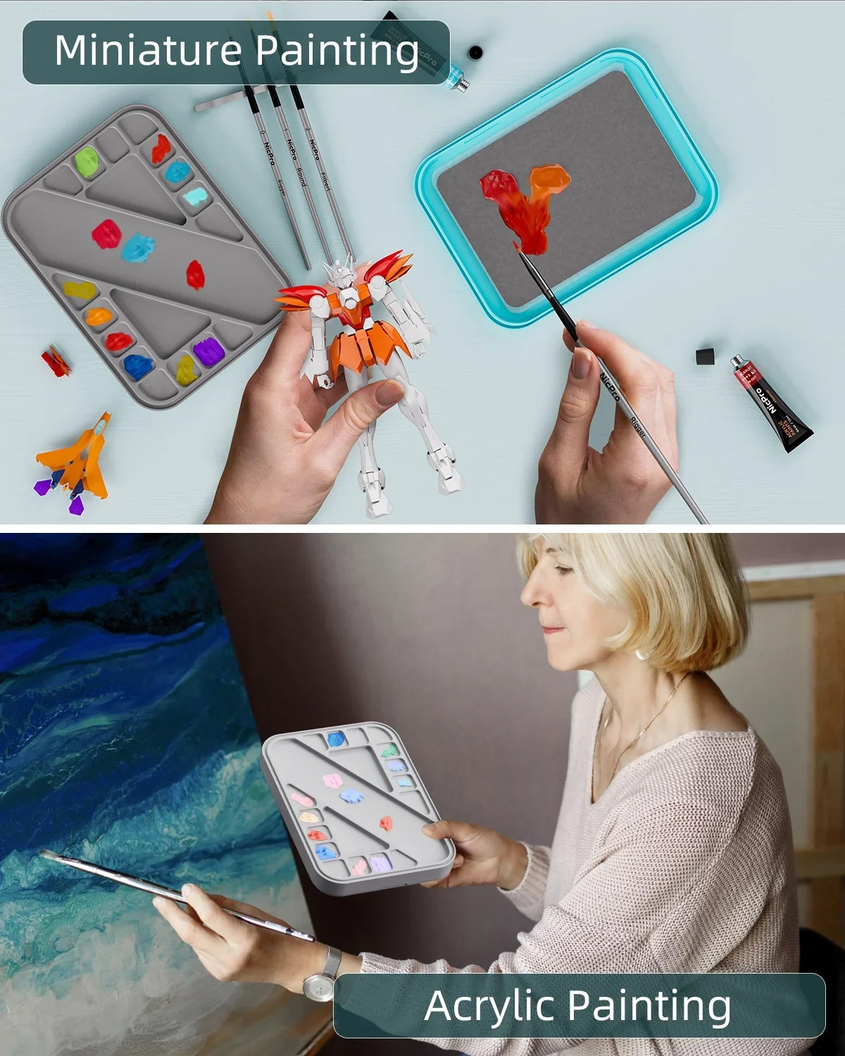 Nicpro Stay Wet Paint Palette for Acrylic Miniature Painting Kit, Paint Tray Palettes with 100Pcs Pallet Paper, 4Pcs Sponge, Brush Holder Paint Mixing Storage