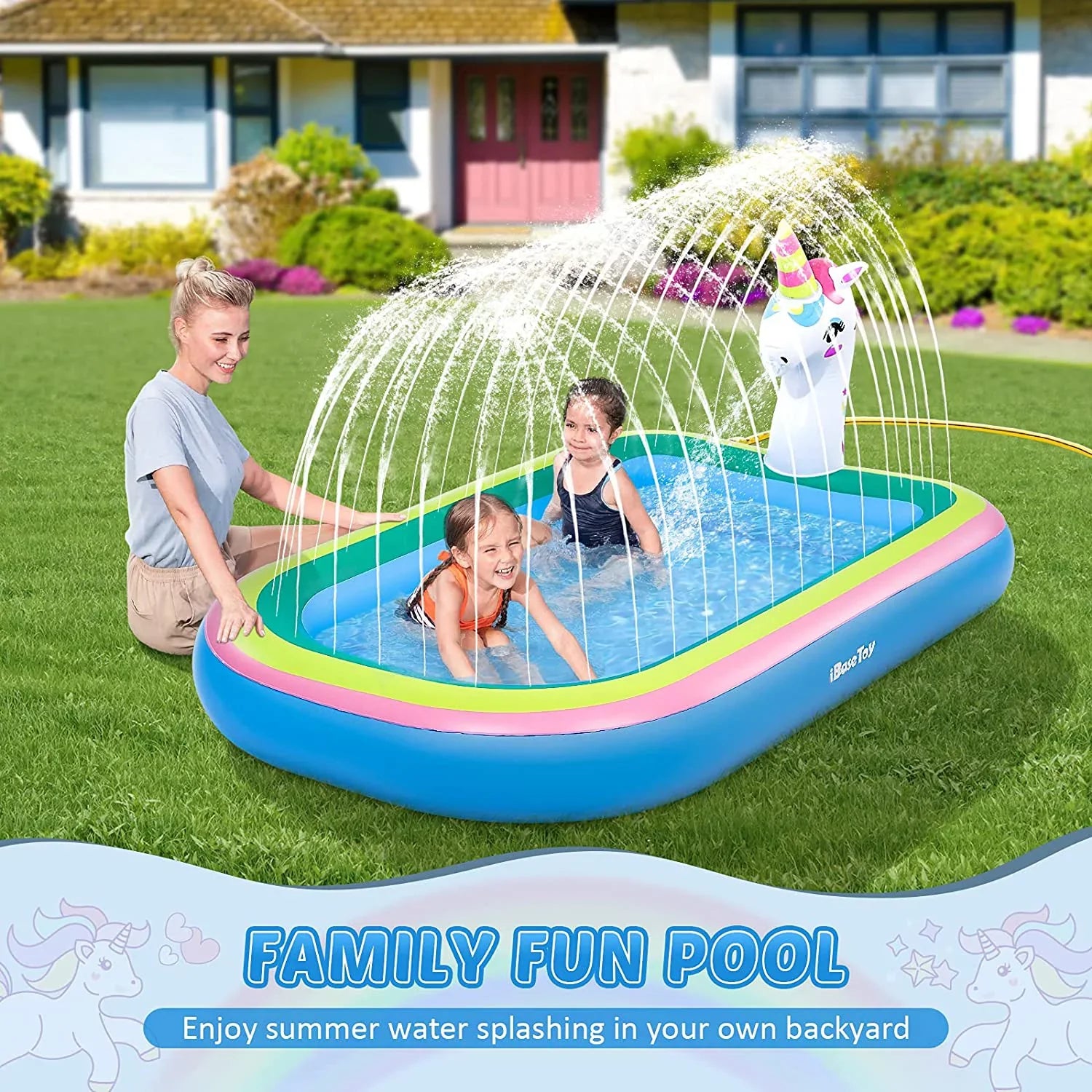 Intera Unicorn Sprinkler Pools for Kids, Splash Pad Inflatable Kiddie Pool for Outside, Splash Mat Baby Paddling Pool for Backyard, Water Sprinkler Toys Games for Summer Outdoor Toddlers Play - 68"