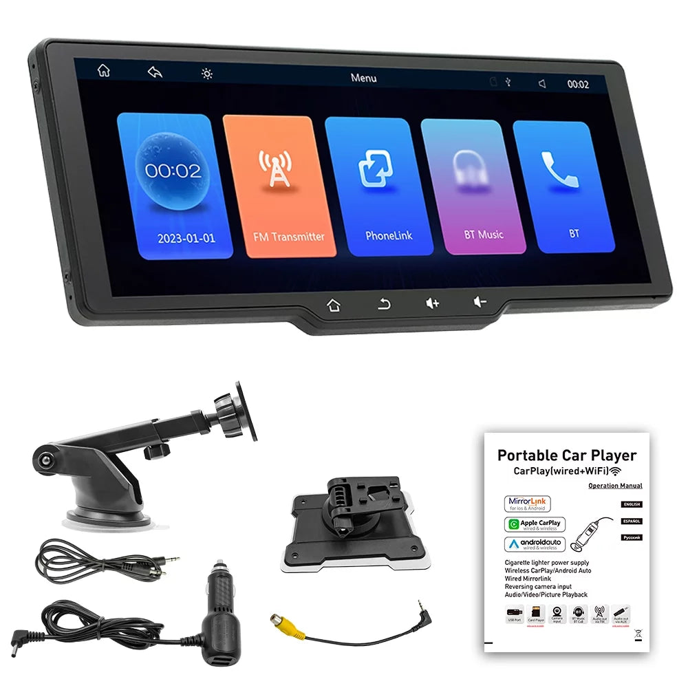 moobody Portable Wireless CarPlay Multi-language Car Video Recorder Car Camera Auto Camcorder 10.26in Car Rearview Camera Mobilephone APP Control Car MultiMedia Player