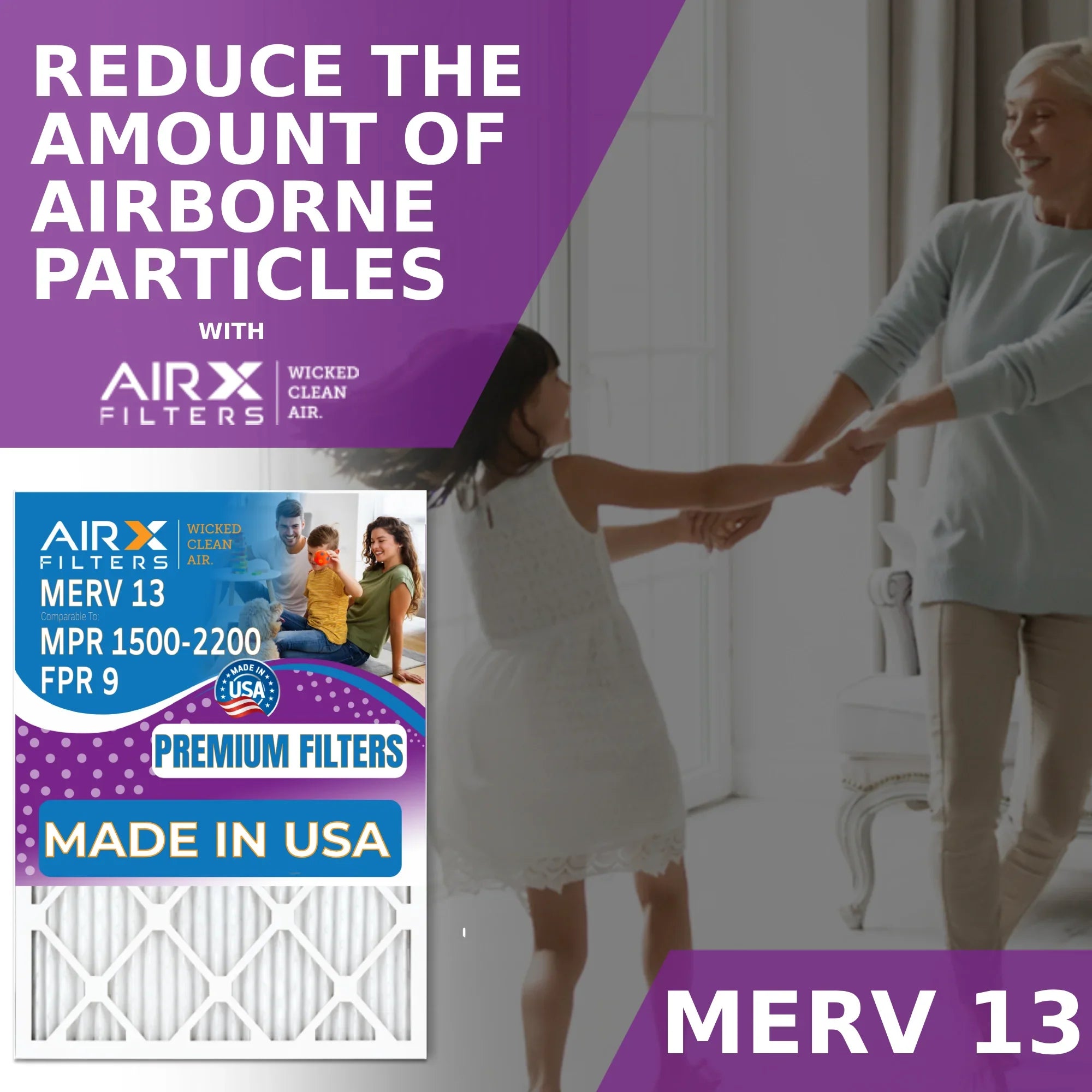 24x24x2 Air Filter MERV 13 Comparable to MPR 1500 - 2200 & FPR 9 Electrostatic Pleated Air Conditioner Filter 6 Pack HVAC AC Premium USA Made 24x24x2 Furnace Filters by AIRX FILTERS WICKED CLEAN AIR.