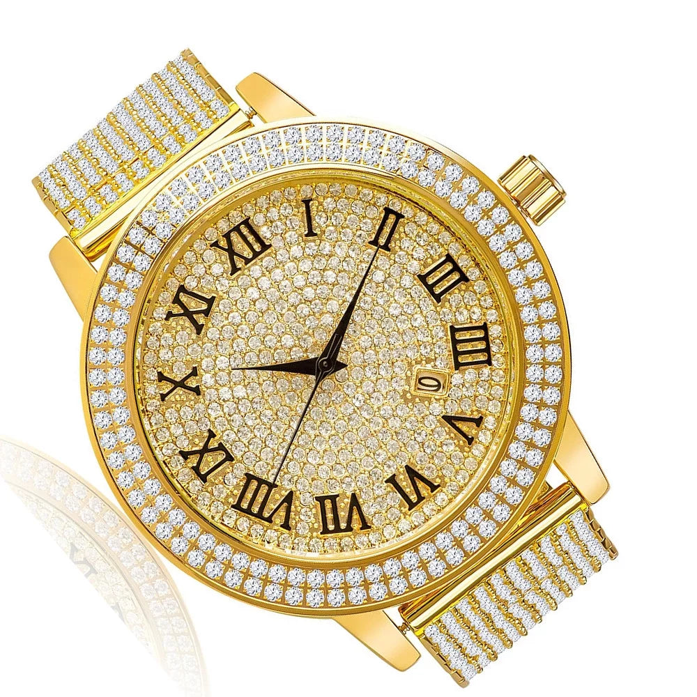 Roman Face Simulated Diamonds Yellow Gold Tone Custom Joe Rodeo Jojo Jojino Khronos Watch W/Date Function