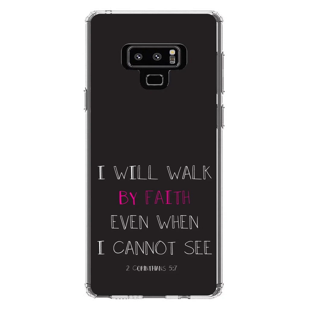 DistinctInk Clear Shockproof Hybrid Case for Samsung Galaxy Note 9 - TPU Bumper, Acrylic Back, Tempered Glass Screen Protector - 2 Corinthians 5:7 - Walk By Faith Even When I Cannot See