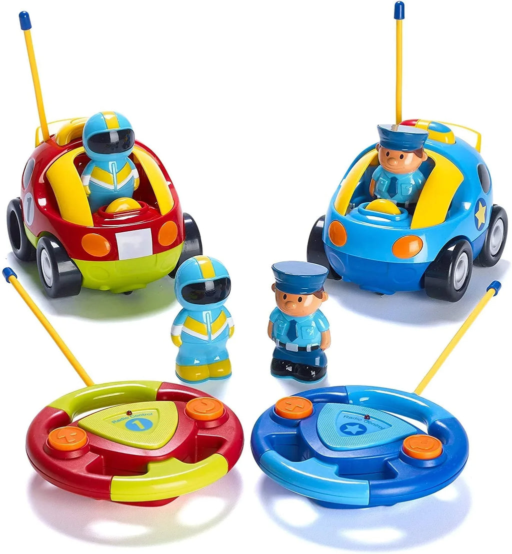 Prextex 2 Pack Cartoon Remote Control Cars | Police Car and Race Car - RC Toys for Kids, Boys, & Girls - Each with Different Frequencies So Both Can Race Together - Gifts for Toddler Boys Ages 2-4