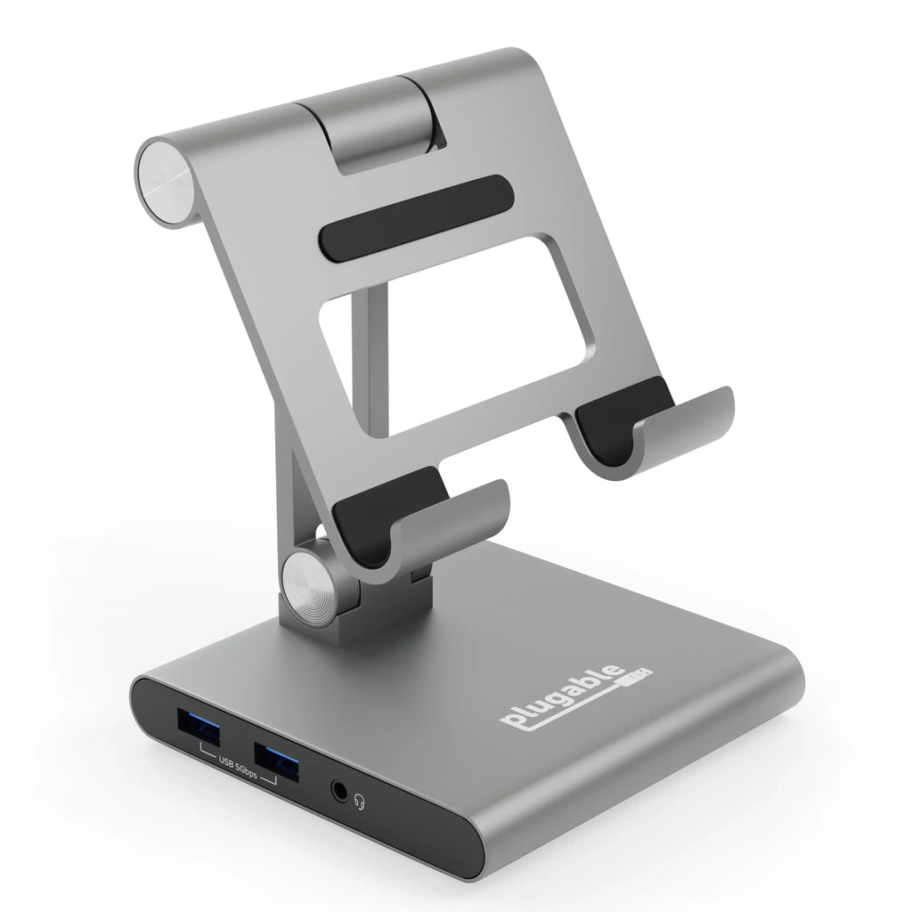 Plugable 8-in-1 USB C Docking Station for iPad with Stand, 100W Pass-through Charging USB-C Hub, 1x HDMI, 2x USB, Audio, and SD, Compatible with Windows, iPadOS, USB-C Phones, and Tablets