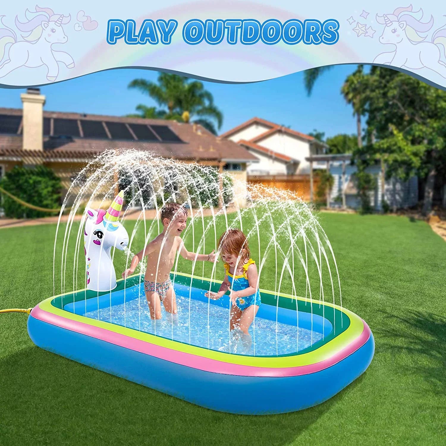 Intera Unicorn Sprinkler Pools for Kids, Splash Pad Inflatable Kiddie Pool for Outside, Splash Mat Baby Paddling Pool for Backyard, Water Sprinkler Toys Games for Summer Outdoor Toddlers Play - 68"