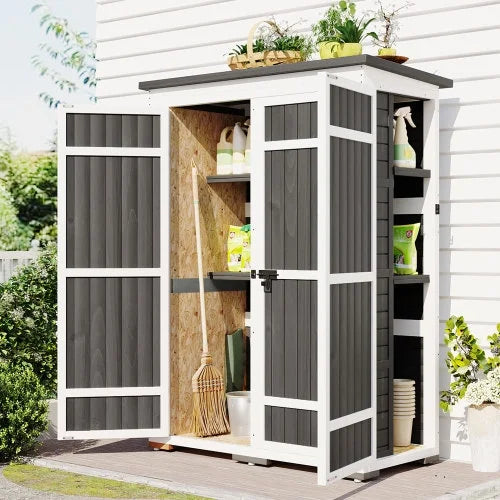 Outdoor 5.5ft Hx4.1ft L Wood Storage Shed, Garden Tool Cabinet with Waterproof Asphalt Roof, Four Lockable Doors, Multiple-tier Shelves, White and Gray