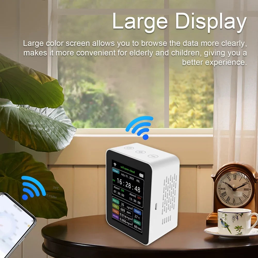 Wifi Intelligent Air Quality Detector Pm2.5 Co2 Tvoc Hcho Temperature Humidity 6 In 1 Detector Time Date Week Monitor Mobilephone App Remotes Viewing 2 Sets Alarm Clock Home Indoor Desk
