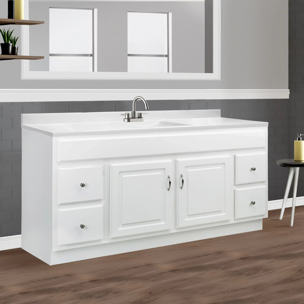 Design House 557660-WHT 61-inch Camilla Cultured Marble Centerset Mount Rectangle Single Bow Vanity Top with Integrated Backsplash, Solid White