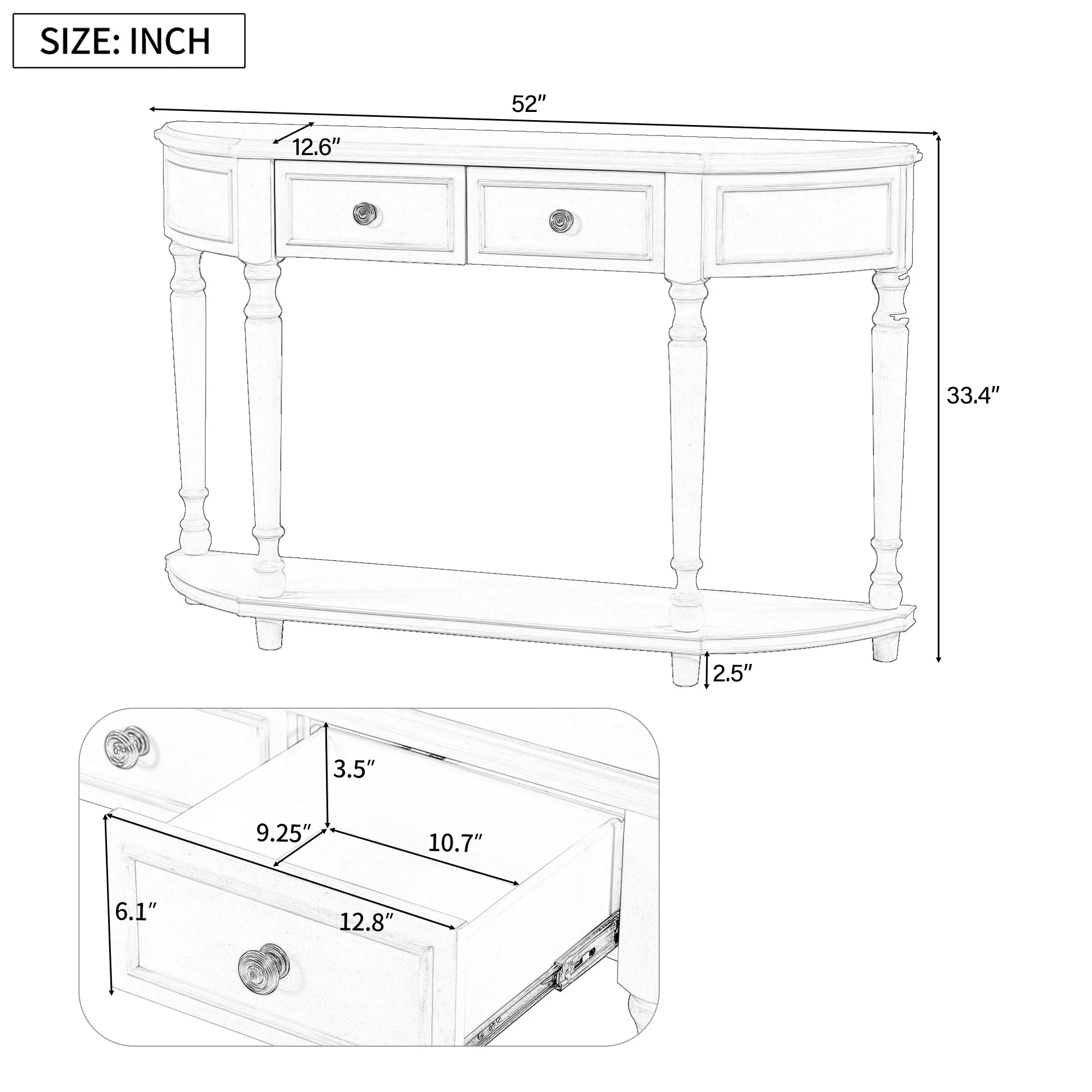 Retro Circular Curved Design Console Table with Open Style Shelf Solid Wooden Frame and Legs Two Top Drawers (White, OLD SKU: WF298768AAK)