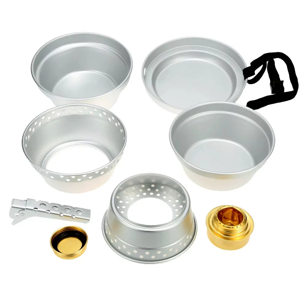 Htovila Portable Camping Cookware Mess Kit Stove Spirit with Stand Pot Pan with Gripper Cooking Set for Backpacking Hiking Picnic BBQ