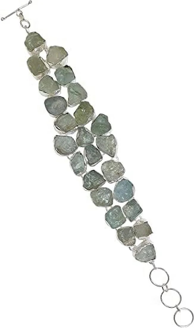 Aquamarine Gemstone for Women, Silver Plated Handmade Flower Design Fashion Jewllery, Gift Party Boho Designer Chain Bracelet, 9" Length