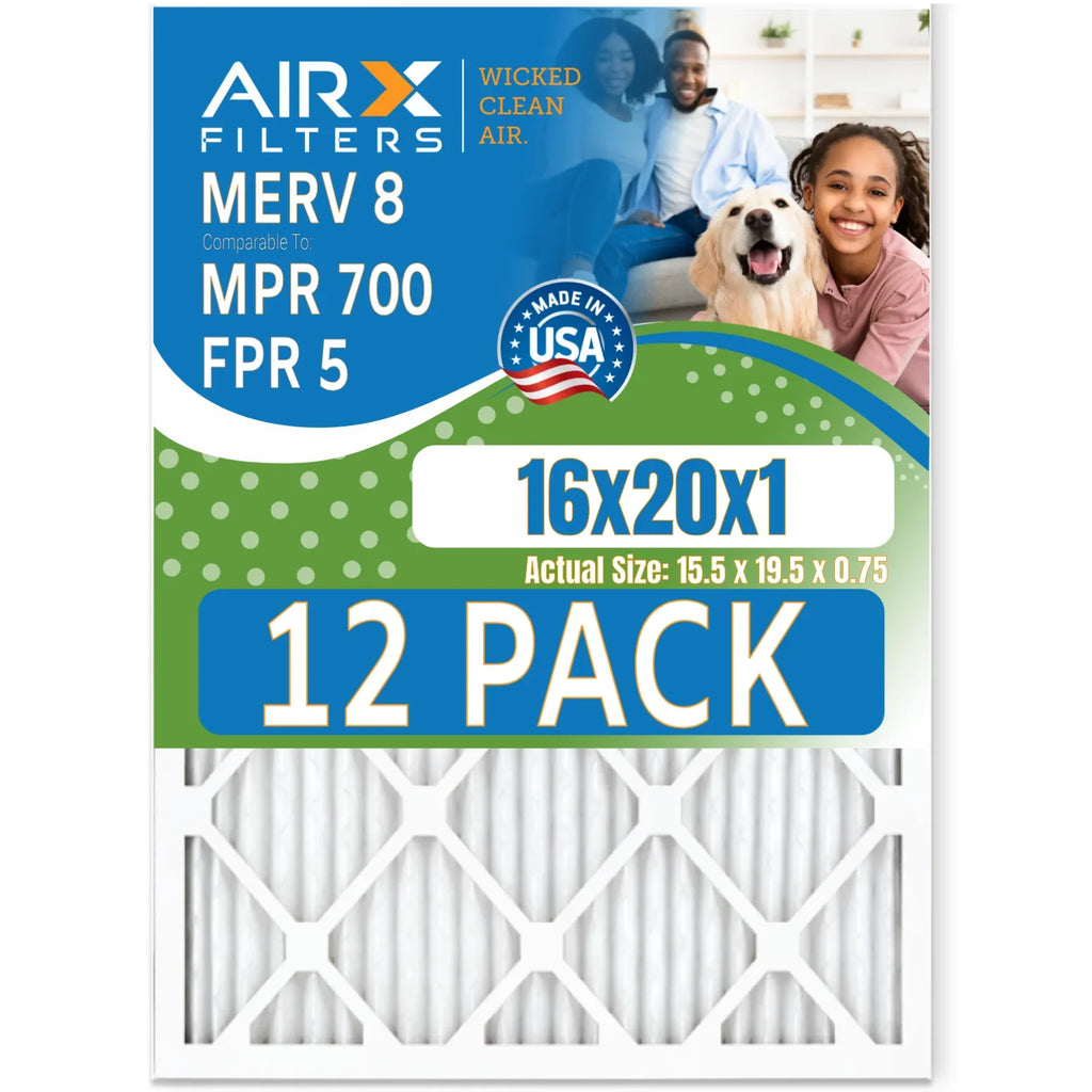 16x20x1 Air Filter MERV 8 Rating, 12 Pack of Furnace Filters Comparable to MPR 700 & FPR 5 - Made in USA by AIRX FILTERS WICKED CLEAN AIR.