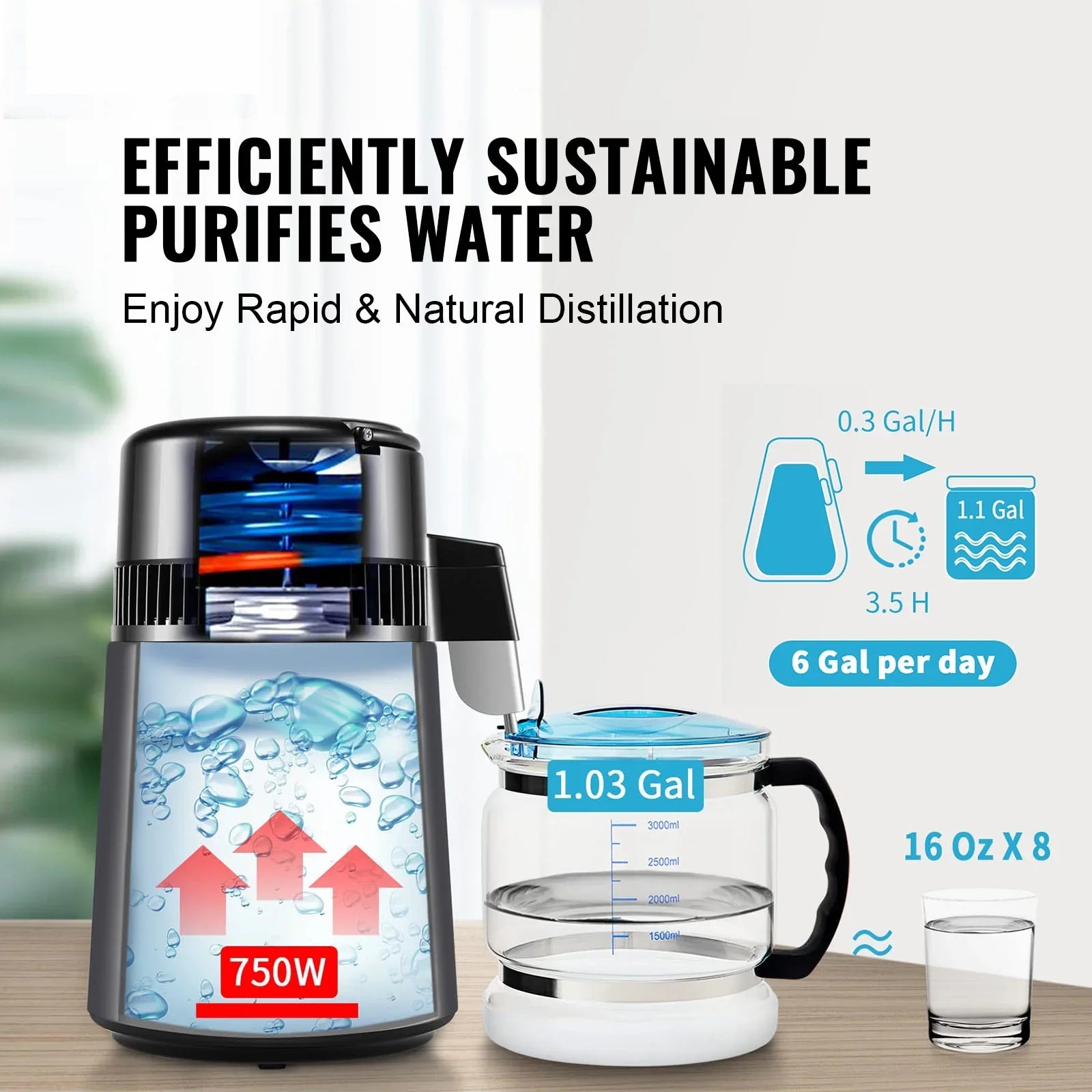 SKYSHALO 4L Water Distiller Purifier Machine Countertop Stainless Steel Interior