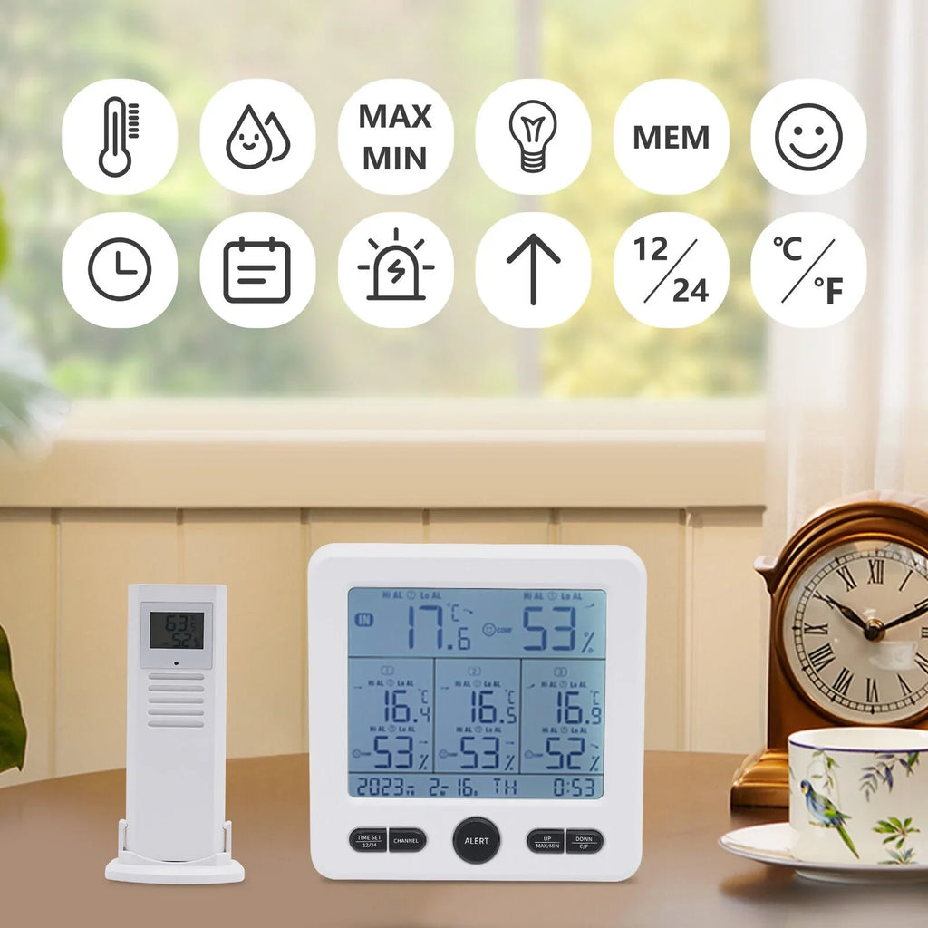 Digital Indoor Outdoor Hygrometer Thermometer Humidity Meter LCD 3 Sensors