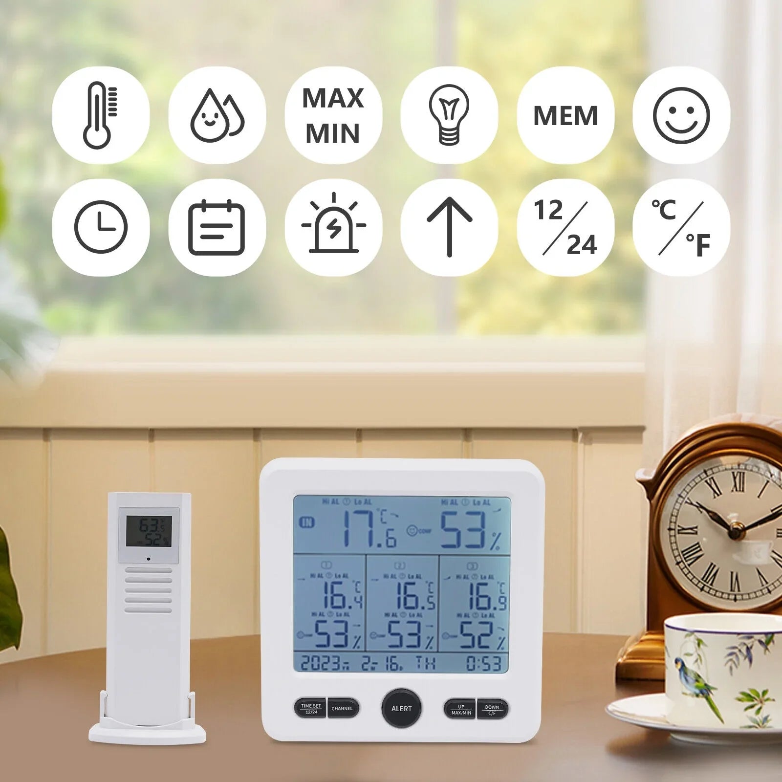 Digital Indoor Outdoor Hygrometer Thermometer Humidity Meter LCD 3 Sensors