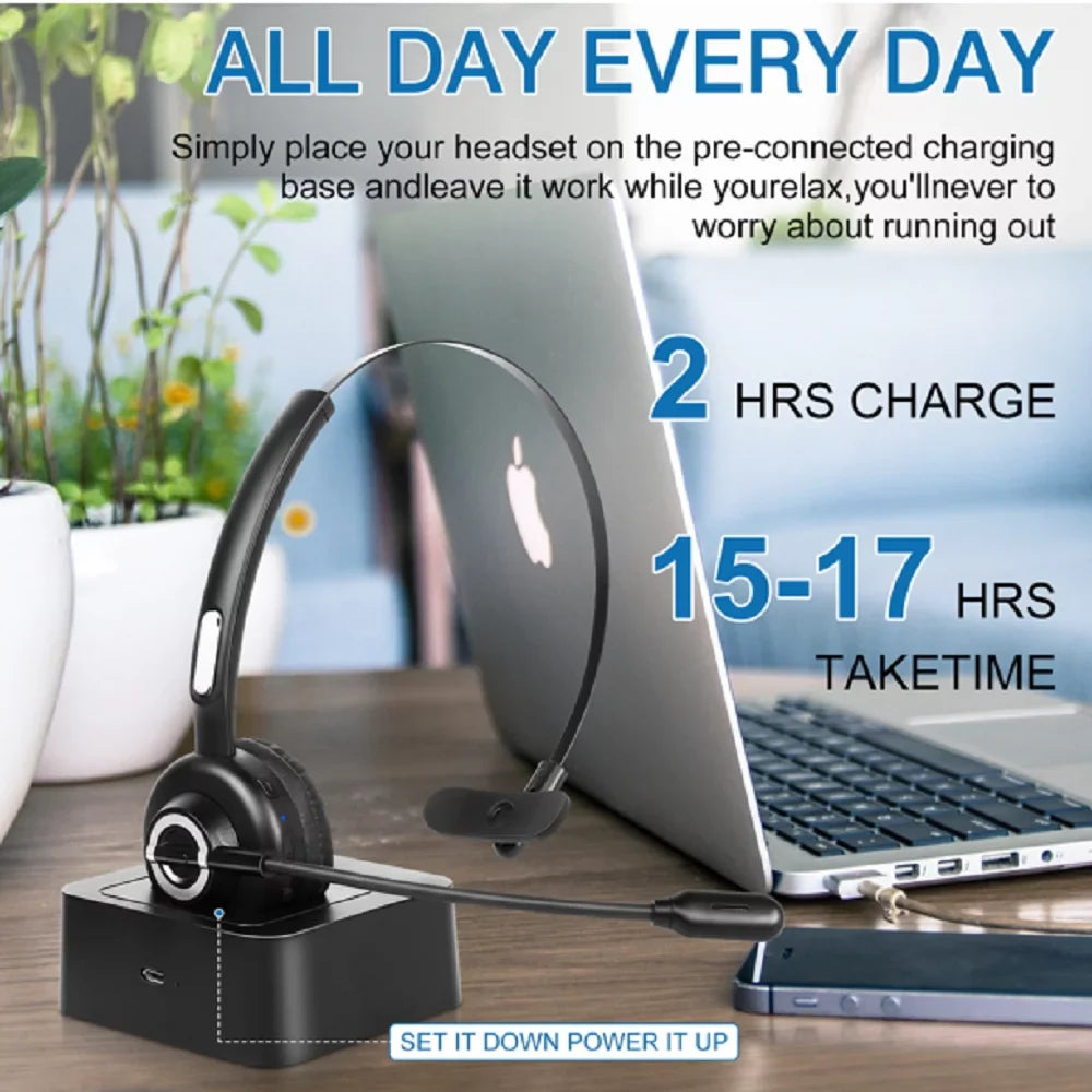 Comfortable Bluetooth Headset, UX-M97 Wireless Headset with Microphone, Wireless Cell Phone Headset with Noise Isolation Mic Charging Base Mute Function for 20 lite With Charging Dock