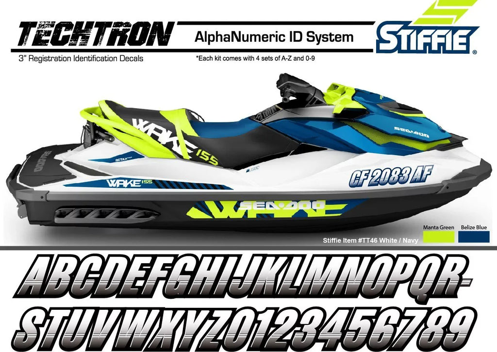 STIFFIE Techtron Yellow/Blue 3" Alpha-Numeric Identification Custom Kit Registration Numbers & Letters Marine Stickers Decals for Boats & Personal Watercraft PWC