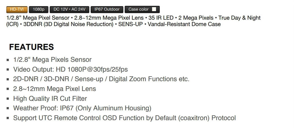 Eyemax TIV-134V-W HD-TVI 1080p IR Vandal DOME Camera 2.8-12mm, 35 IR LED Dual Power