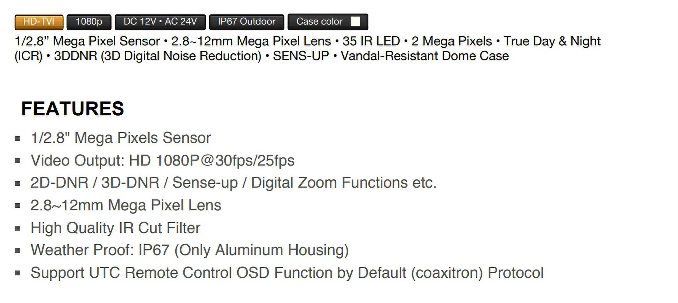 Eyemax TIV-134V-W HD-TVI 1080p IR Vandal DOME Camera 2.8-12mm, 35 IR LED Dual Power