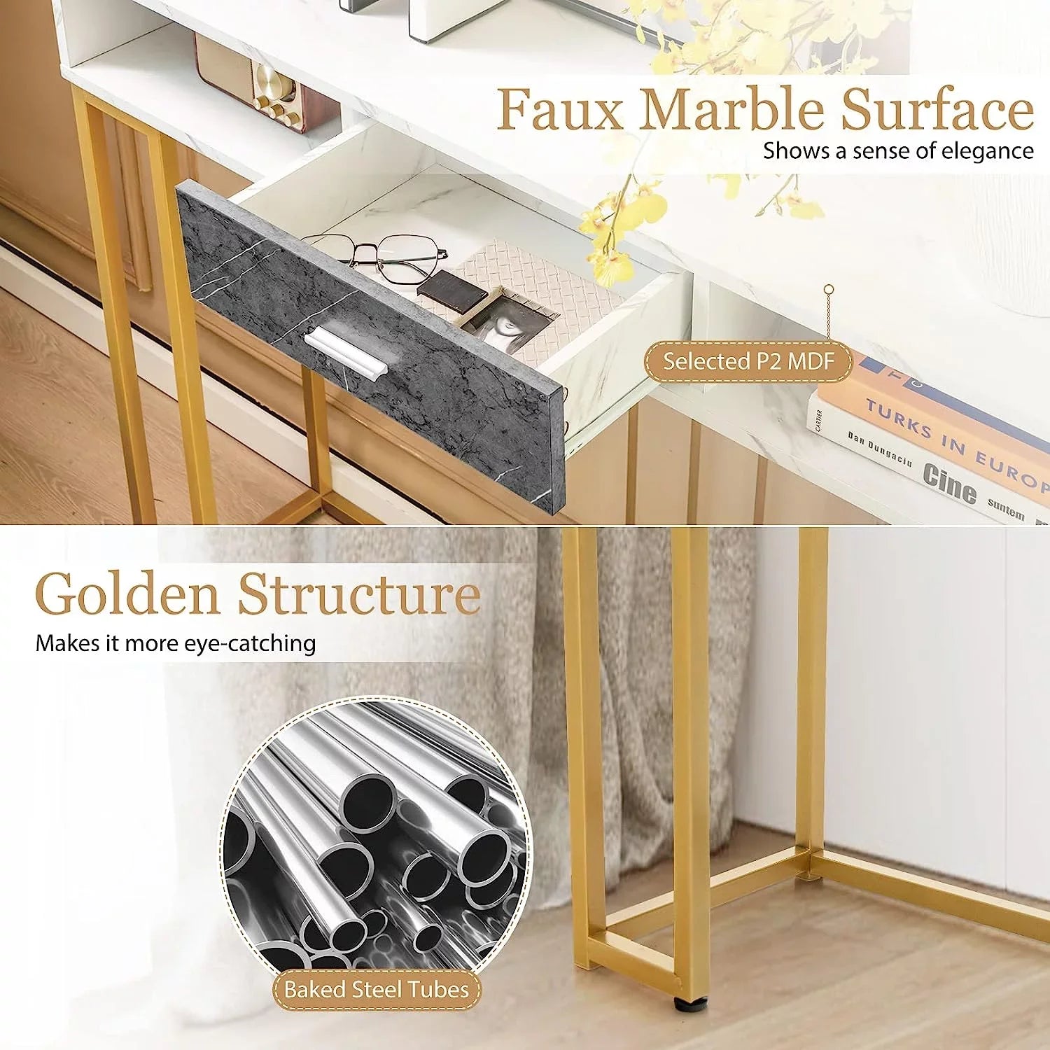 NLTBONNIE Console Table with Drawer - Sofa  with Anti-Toppling Device &amp; Adjustable Foot Pads  Faux Marble Foyer Table for Hallway  Entryway  Living Room  Dining Room &amp; Kitchen Ent