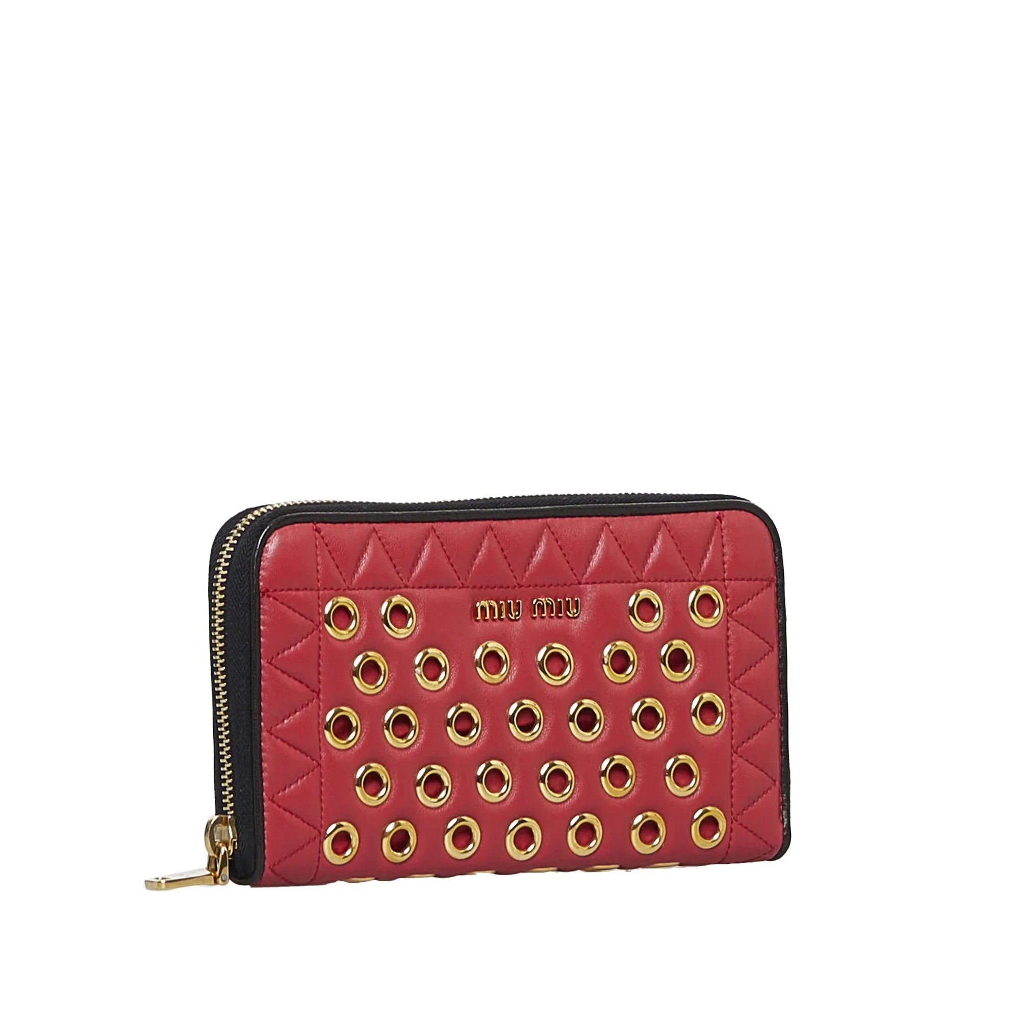 Pre-Owned Authenticated Miu Miu Grommet Zip Around Wallet Calf Leather Red Long Wallets Unisex (Good)