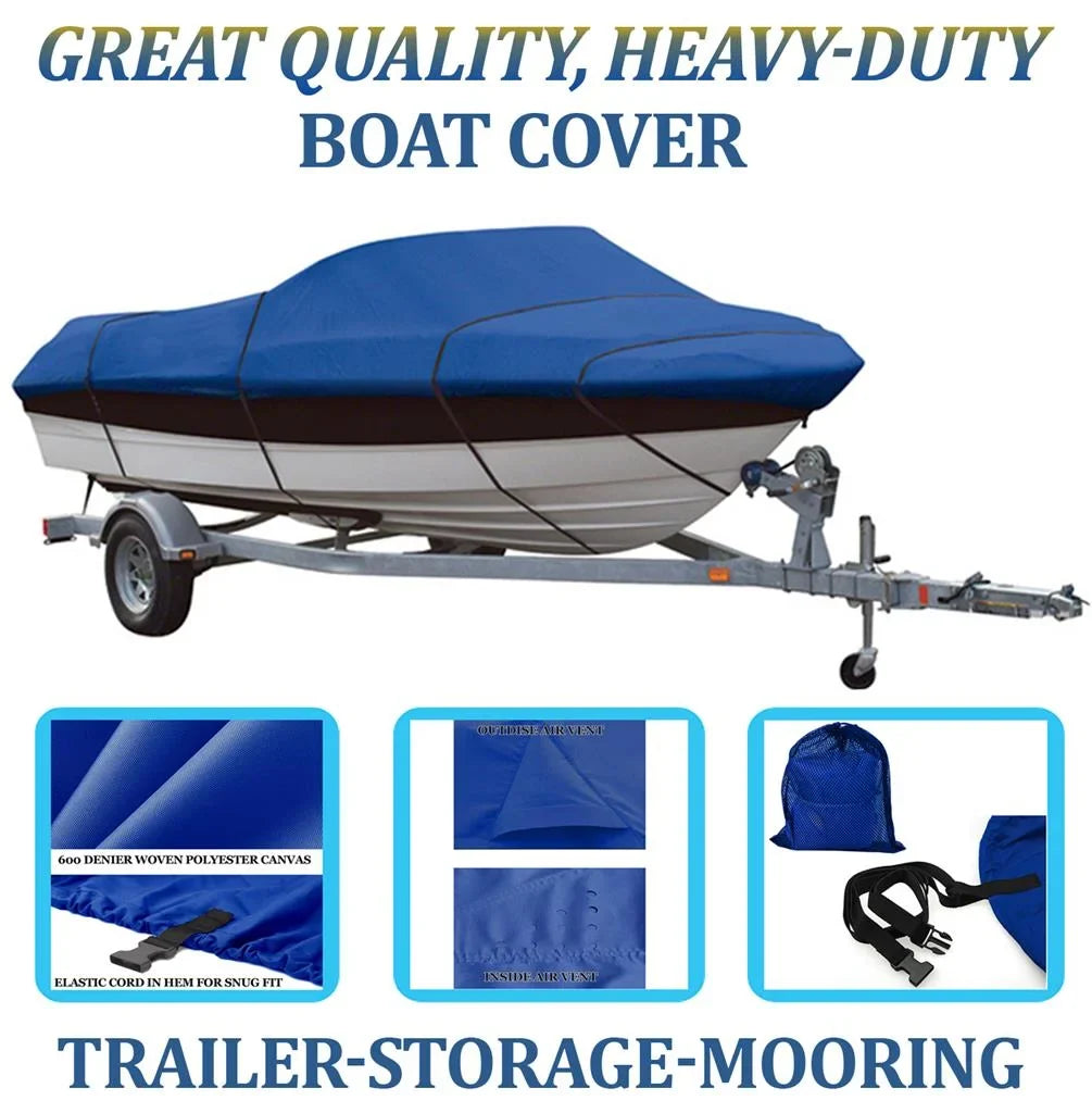 BLUE, GREAT QUALITY BOAT COVER Compatible for POLAR KRAFT KODIAK V 180 FS W/ TM 2011-2015