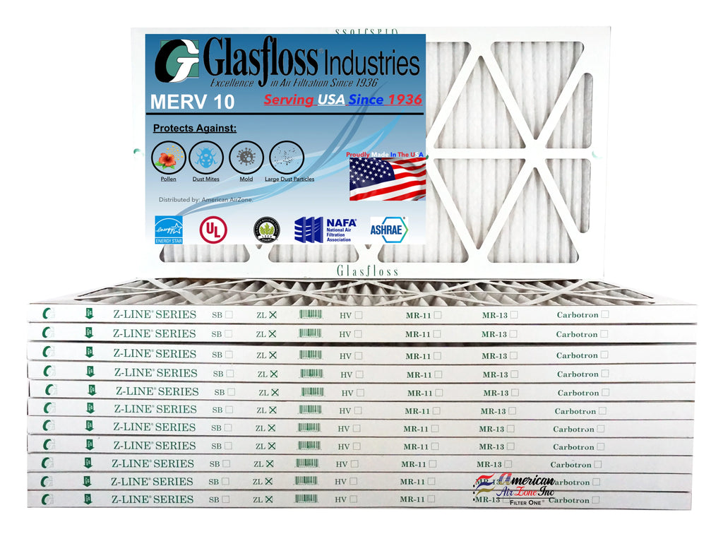 Glasfloss 20x36x1 - MERV 10 -Qty:12 - Furnace Air Filter - Made in USA (Actual Size: 19.5 x 36.5x7/8 inch)