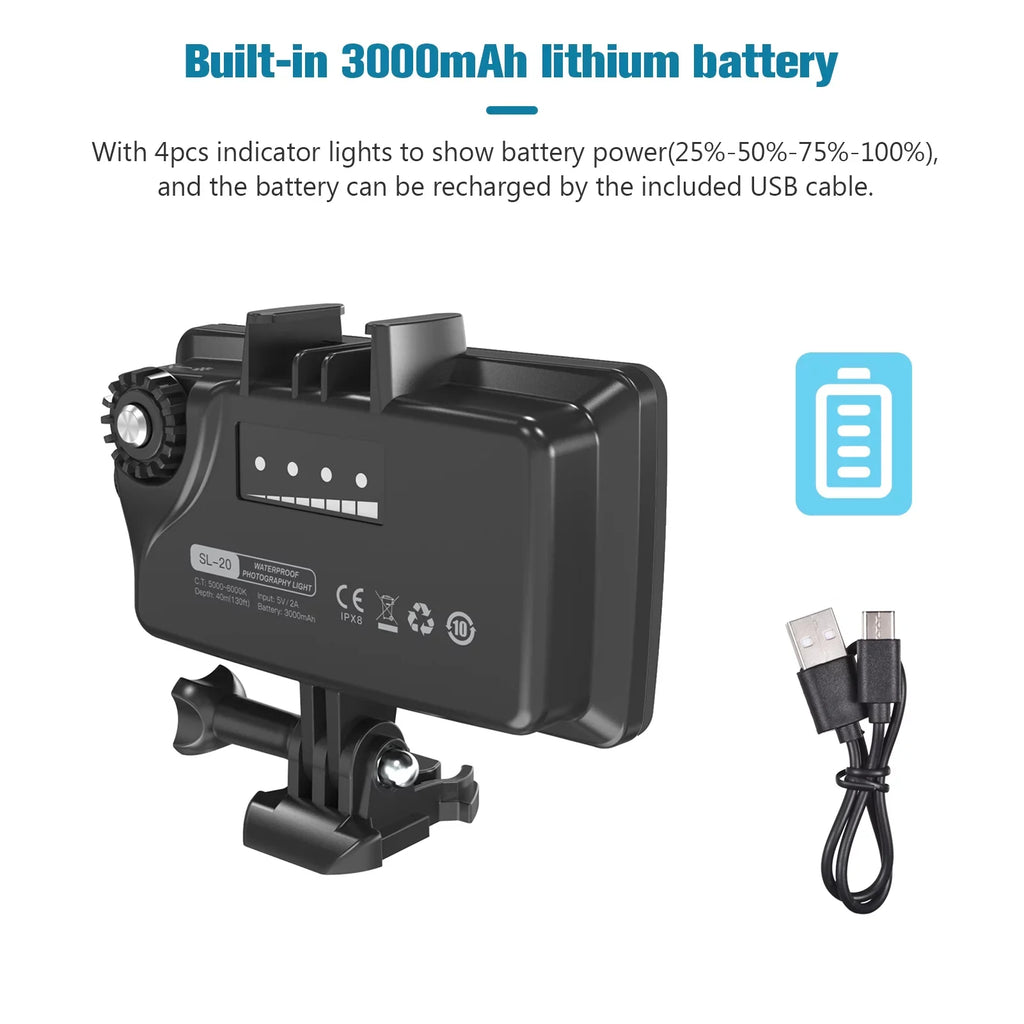 Walmeck Andoer SL-20 Waterproof RGB Fill   Video  8  Modes CRI95+ Dimmable IPX8 Underwater 40M Built-in Rechargeable Battery for Diving Snorkeling Underwater Photography Video Replacement for GoPro