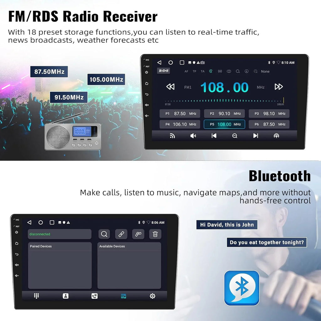 1+32G Car Stereo Android 13 Carplay,10.1 inch HD 1080P Touchscreen FM Receiver Radio Player with Bluetooth Support Change Theme GPS Navigation WiFi USB Mirror Link with Backup Camera
