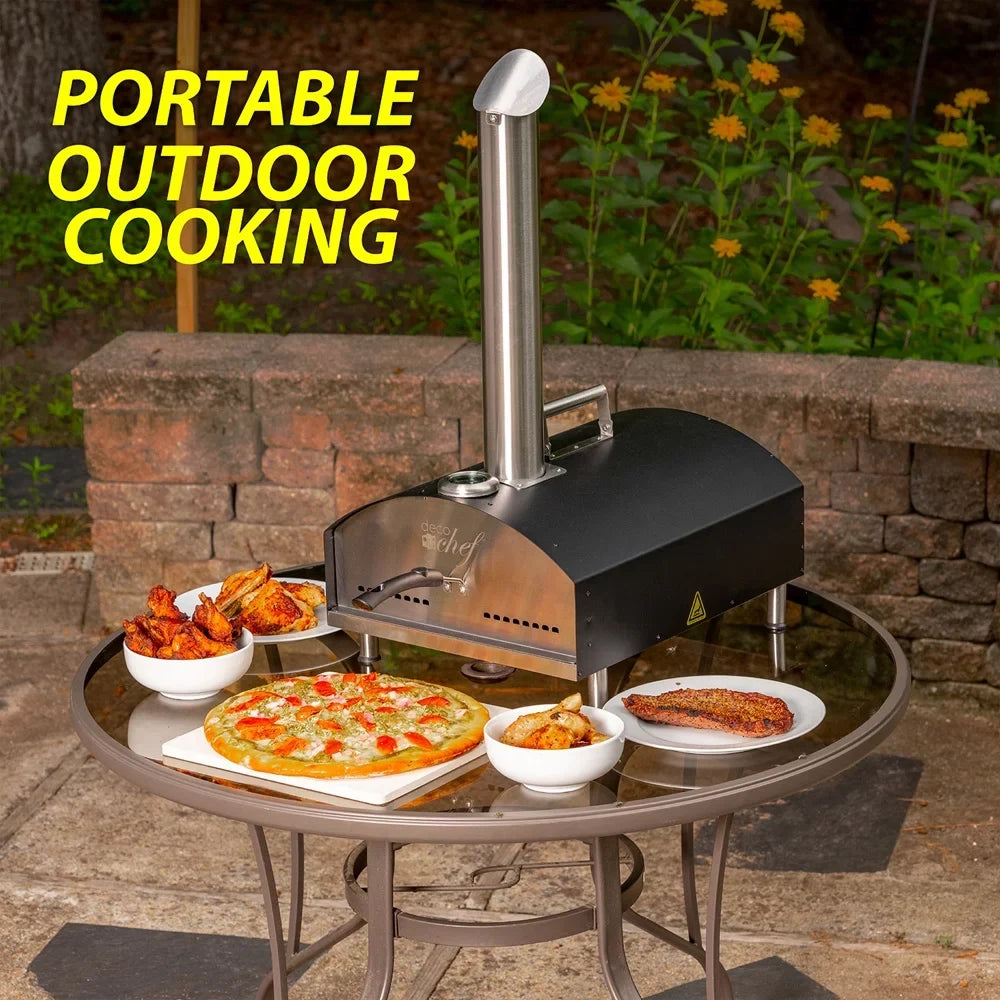 Open Box Deco Chef Outdoor Pizza Oven with 2-in-1 Pizza and Grill Oven Functionality, 13" Pizza Stone, 3-Layer Stainless Steel Construction, Pizza Peel, Dough Scraper, Scoop, Slotted Grill (Black)