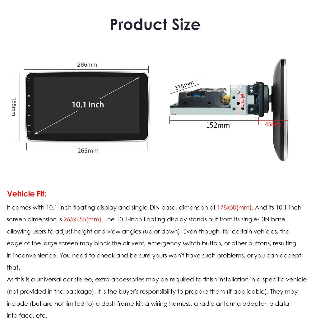 Single 1 DIN Rotatable 10.1'' 1280*720 IPS Android 12 2+32GB Bluetooth Car GPS Navigation WiFi Stereo Radio Apple CarPlay