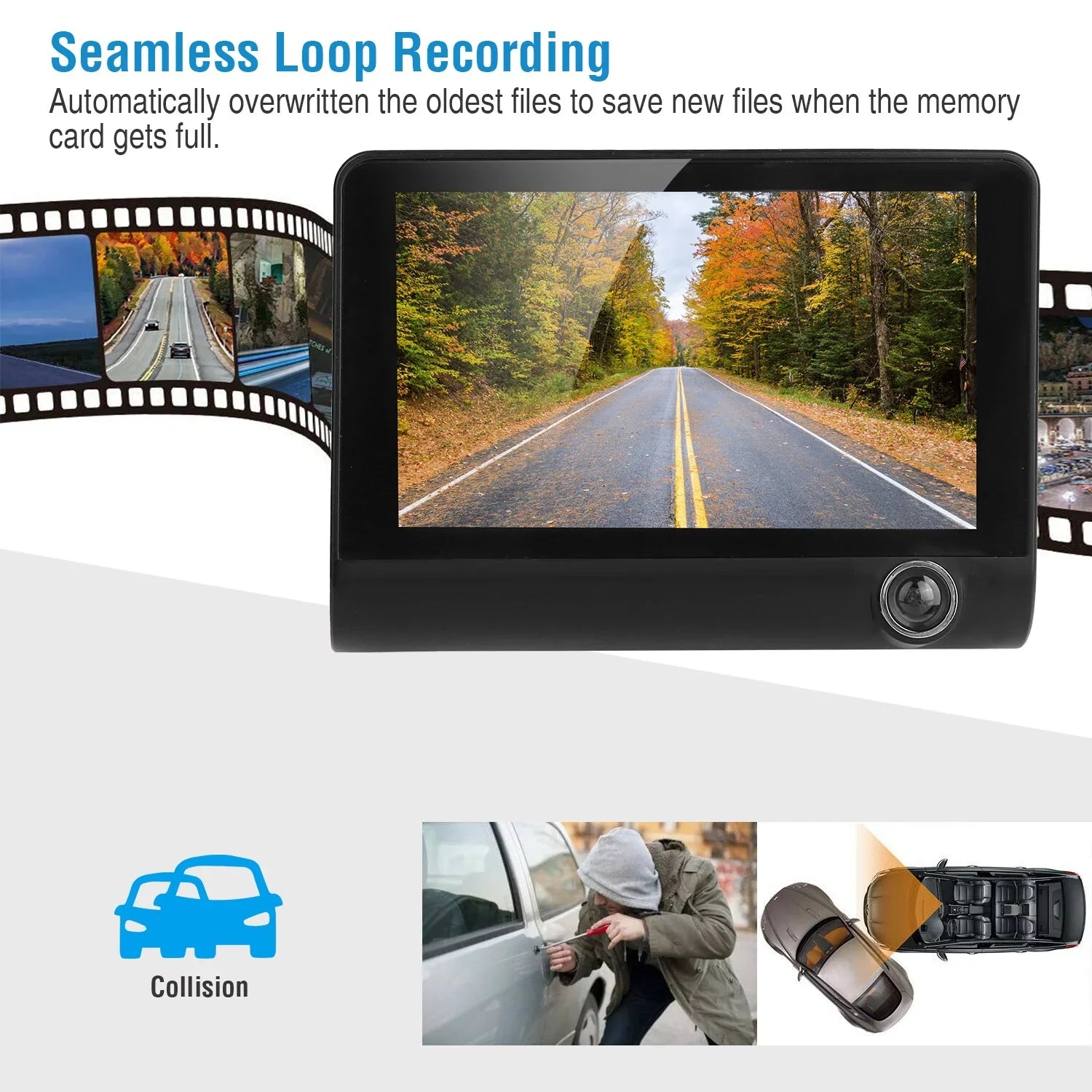 FHD Car DVR Dash Camera, iMounTEK Dash Camera 1080P 4in IPS Touch Screen 3 Channel Dash Cam(Front, Inside, Rear) Vehicle Driving Recorder Seamless Loop Recording Motion Detection